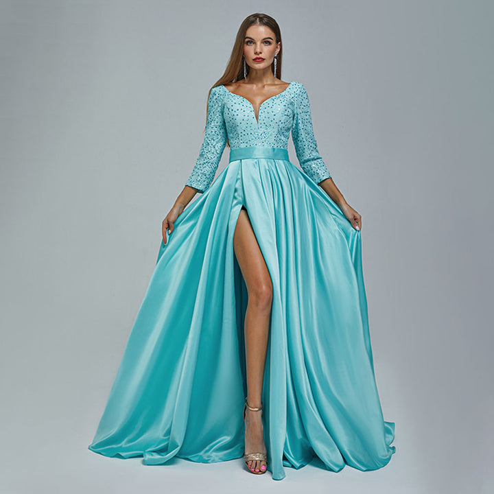 Turquoise Satin Lace Ball Gown Formal Prom Dress EN5407