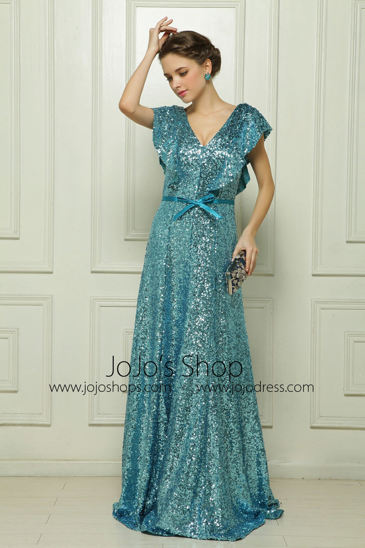 Shimmery Teal Short Sleeves Formal Dress Pageant Dress