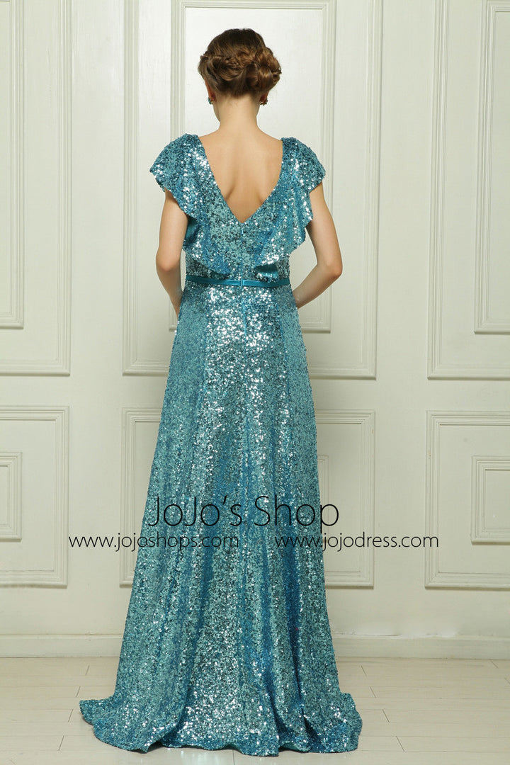 Shimmery Teal Short Sleeves Formal Dress Pageant Dress