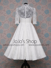 Victorian Style Retro Modest Tea Length Lace Dress With Mid Sleeves