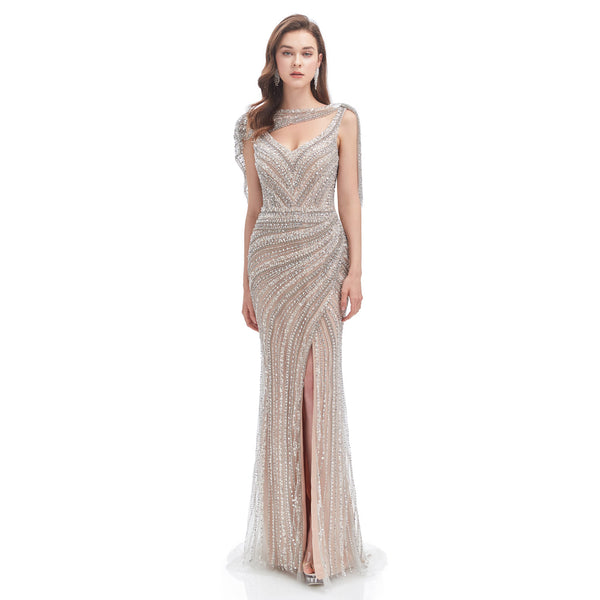 Beige Sparkly Maxi Full Length Formal Evening Dress EN4613