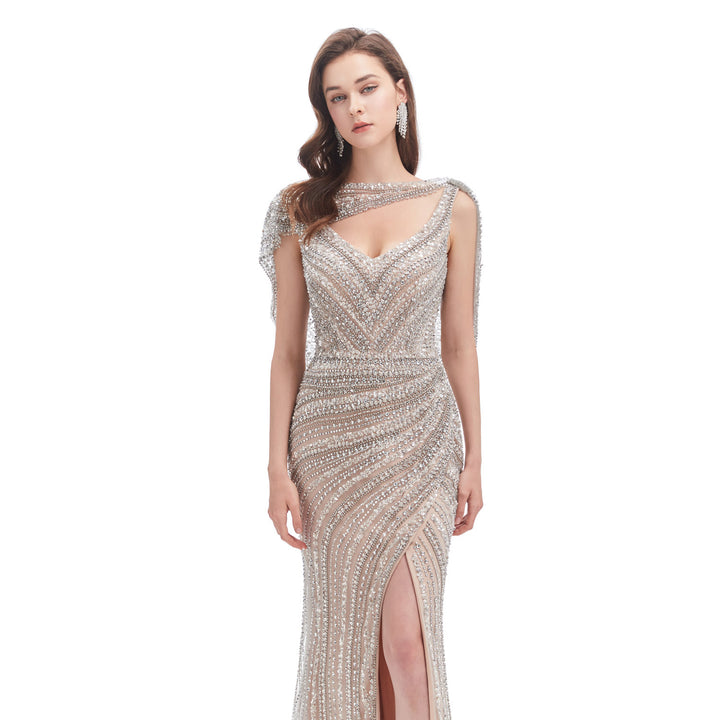 Beige Sparkly Maxi Full Length Formal Evening Dress EN4613