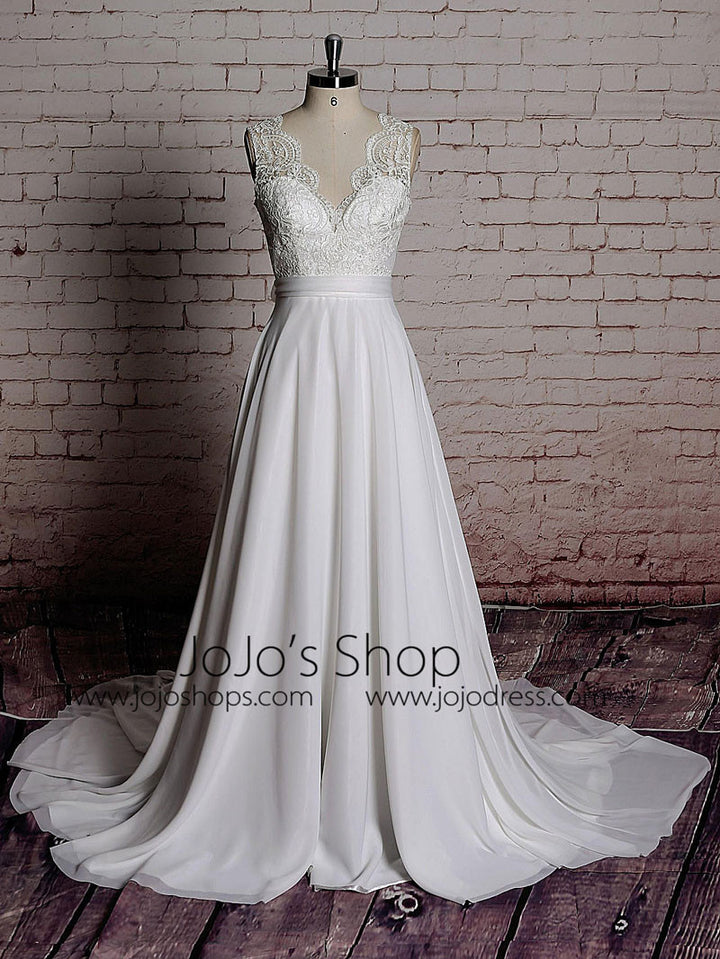 Vintage Lace Chiffon Dress with Scalloped Lace V Neck | EE3009