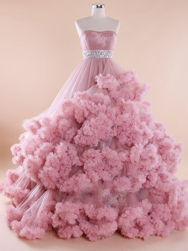 Strapless Tulle Ruffles Prom Ball Gown Formal Dress