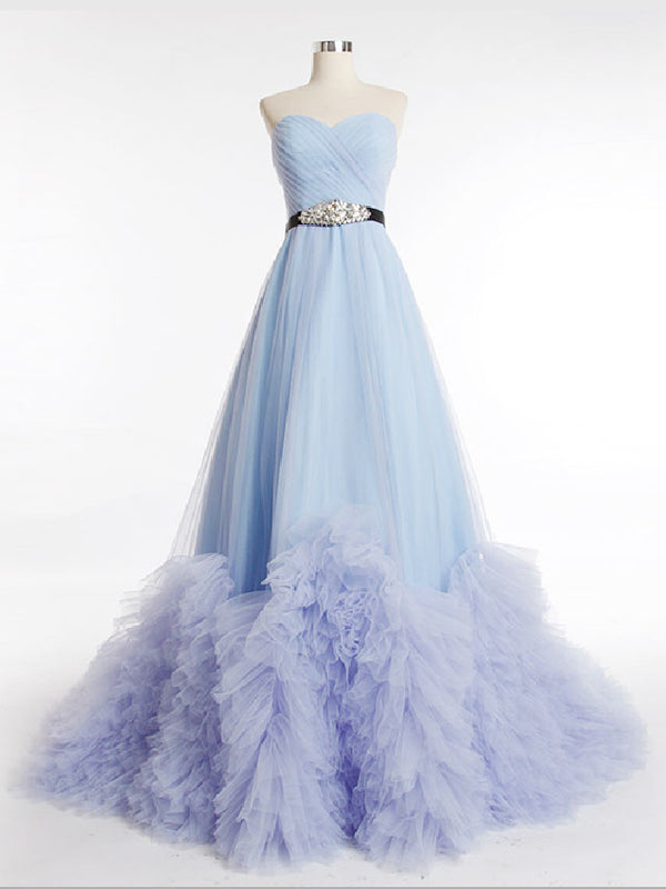 Strapless Sky Blue Tulle A-line Princess Formal Evening Dress