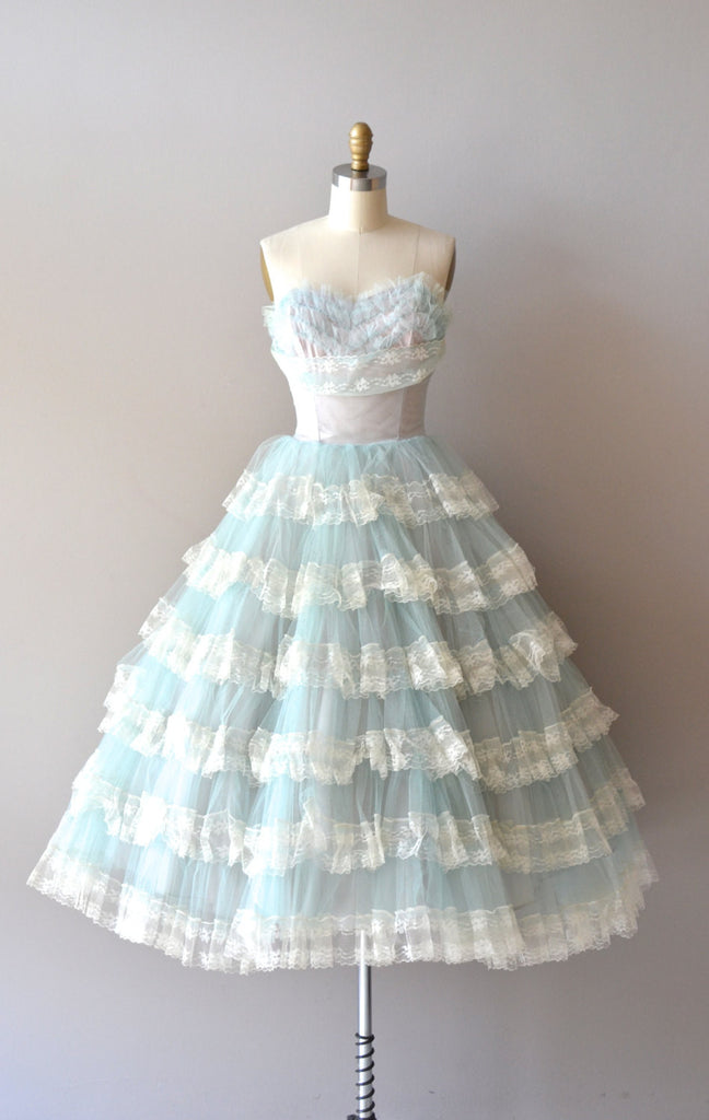 Vintage Style Short Prom Dress with Lace Tiered Skirt Size 14 / Blue / Lace Up