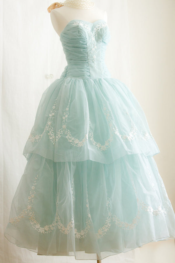 Vintage Tea Length Ice Blue Formal Evening Dress 