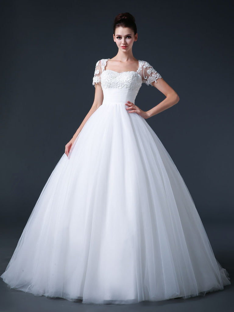 white ball dress Ball Gown Debutante Dress with Short Sleeves CC3012 Size 14 / Ivory