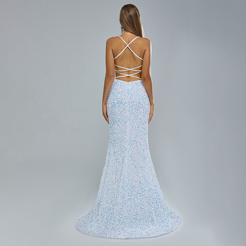 Slim Iridescent Shimmery Open Back Formal Prom Evening Dress EN5408