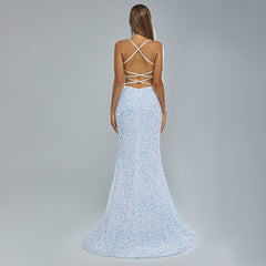 Slim Iridescent Shimmery Open Back Formal Prom Evening Dress EN5408