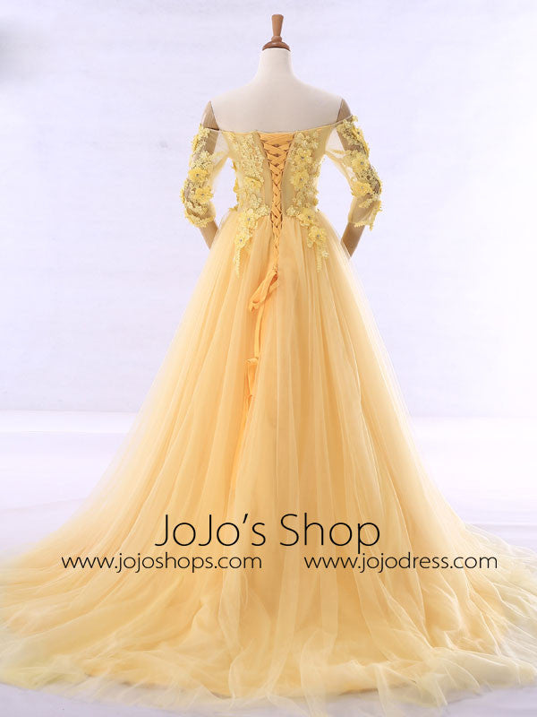 Yellow Off Shoulder Formal Evening Gown with Daisy Flowers