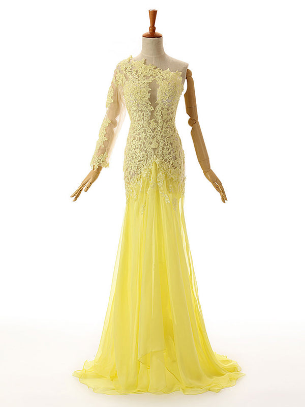 Yellow One Shoulder Lace Formal Prom Evening Dress 