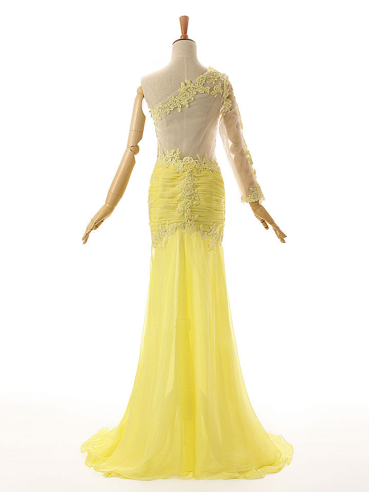 Yellow One Shoulder Lace Formal Prom Evening Dress 