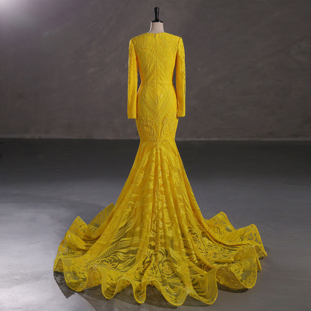 Yellow Long Fitted Sequins Lace Mermaid Evening Dress with Plunging Neck EN5405