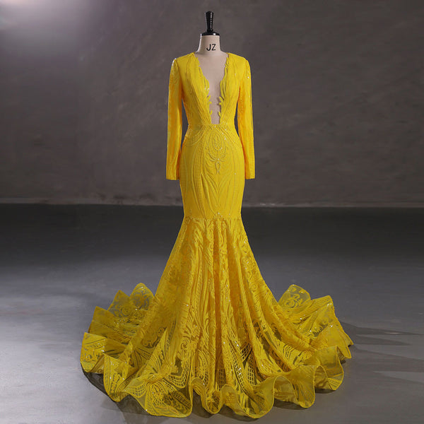 Yellow Long Fitted Sequins Lace Mermaid Evening Dress with Plunging Neck EN5405