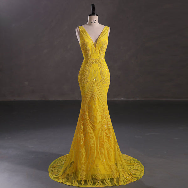 Yellow Sequins Maxi Mermaid Formal Prom Evening Dress EN5409