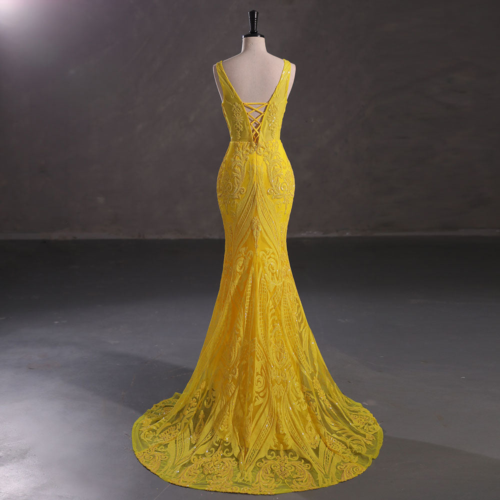 Yellow Sequins Maxi Mermaid Formal Prom Evening Dress EN5409
