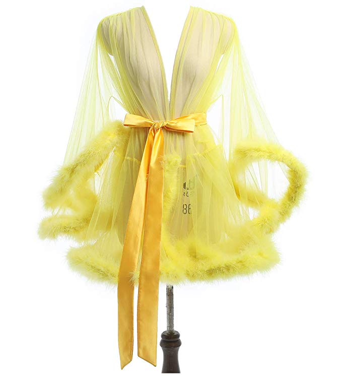 Short Green Marabou Fur Edge Robe RB1332 Size L / Yellow Short Green Marabou Fur Edge Robe RB1332 Size L / Yellow