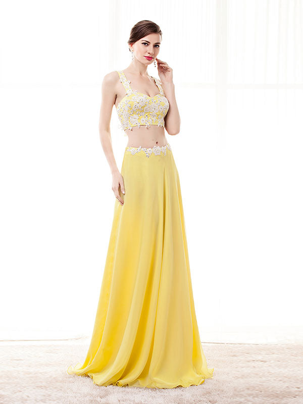 Two Piece Yellow Formal Prom Evening Dress